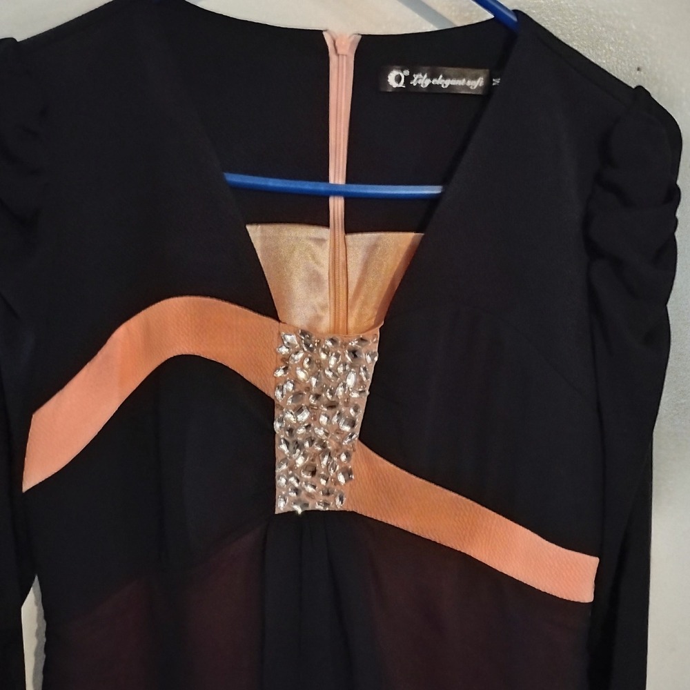 Lily Elegant Soft Women Black Peach Rhinestone Cocktail Dress Sheer Sleeve M - Picture 2 of 8